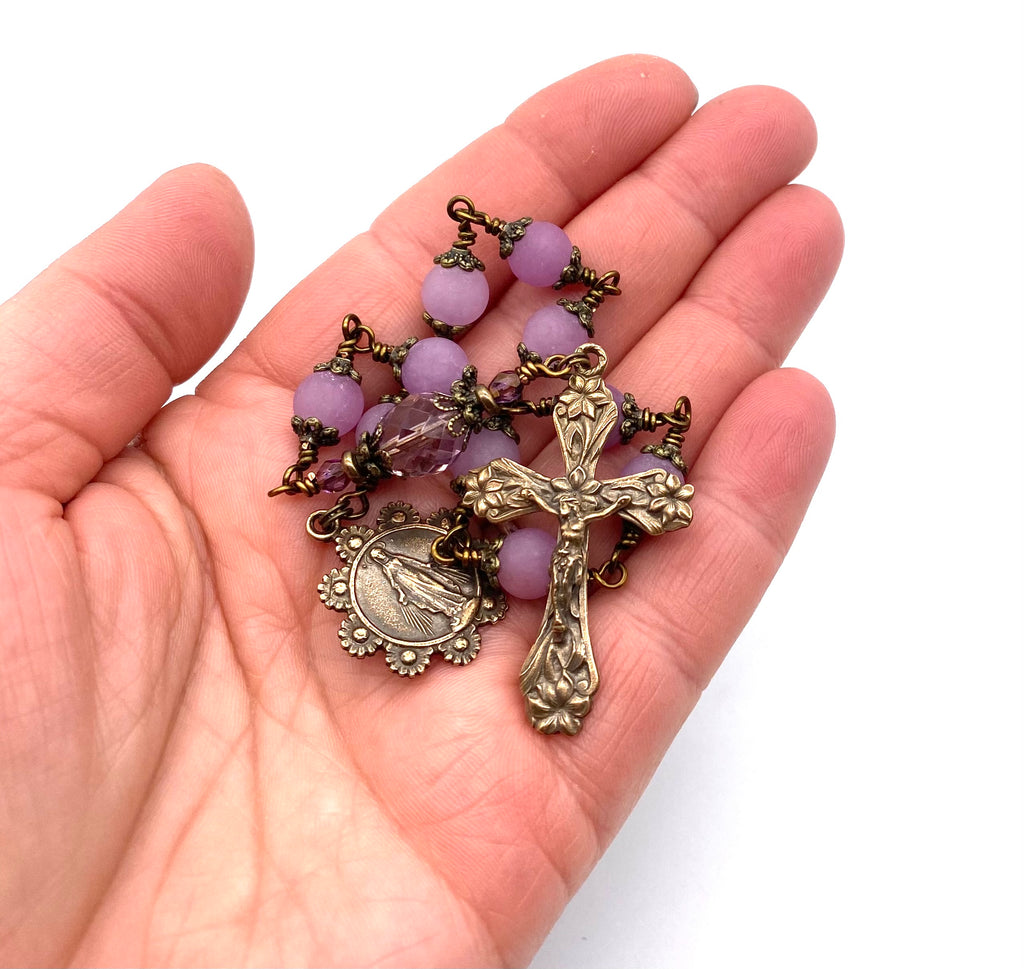 handcrafted vintage inspired plum violet jade matte gemstone wire wrapped catholic heirloom tenner rosary