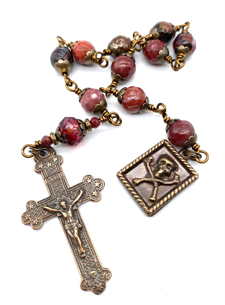 Portuguese Agate Gemstone Wire Wrapped Catholic Heirloom "Memento Mori" Tenner Rosary