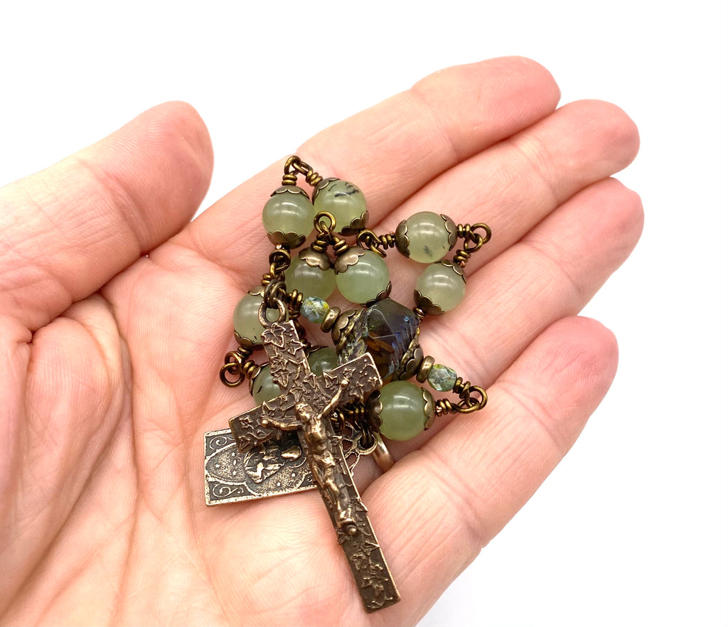 handcrafted vintage inspired prehnite gemstone wire wrapped catholic heirloom tenner  rosary