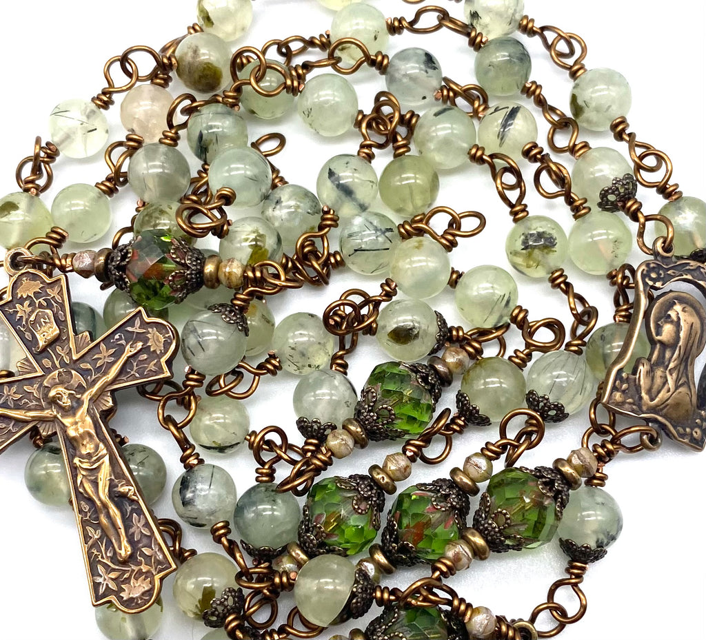 Prehnite Gemstone Wire Wrapped Catholic Heirloom Rosary Large