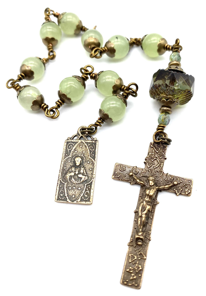 handcrafted vintage inspired prehnite gemstone wire wrapped catholic heirloom tenner  rosary