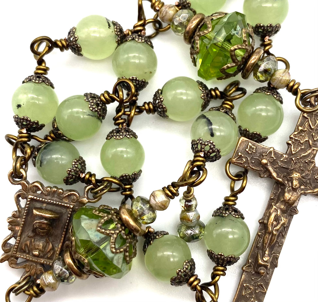 Prehnite Gemstone Wire Wrapped Catholic Heirloom Travel Rosary