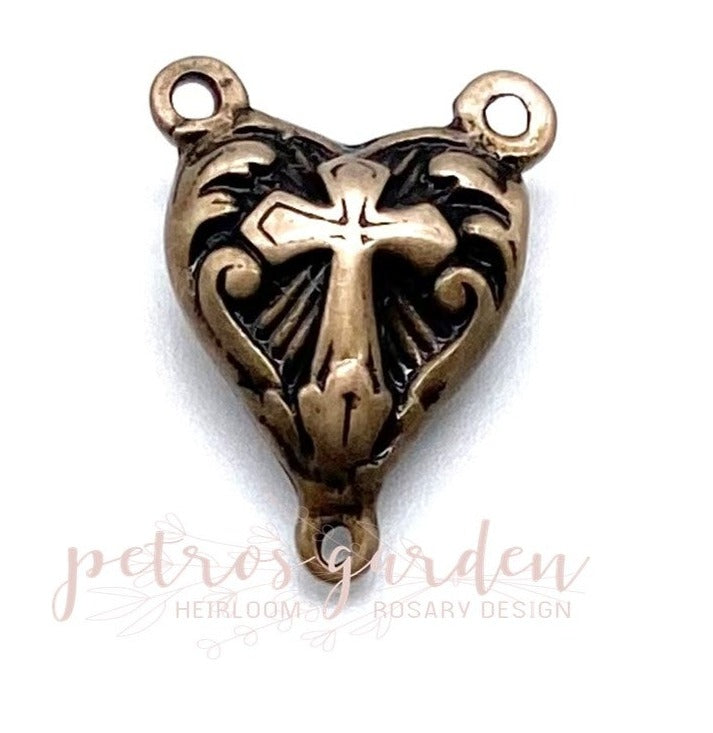 Solid Bronze PUFFY HEART CROSS Rosary Center, Antique/Vintage Reproduction #PG1101