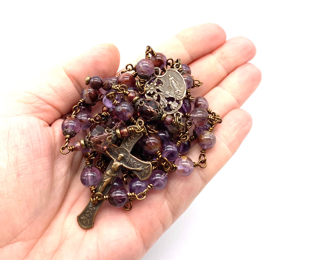 handcrafted vintage inspired purple quartz gemstone wire wrapped catholic heirloom rosary large