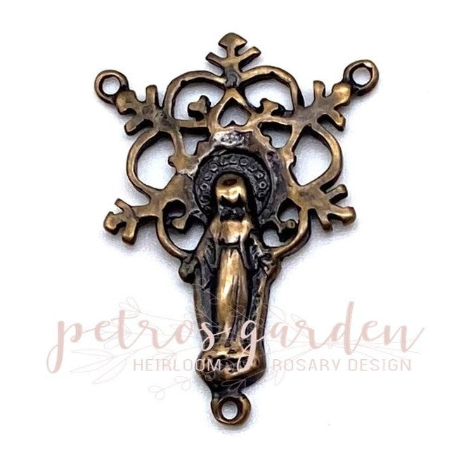 Solid Bronze RADIANT MARY Rosary Center, Catholic Connector, Antique/Vintage Reproduced #PG2110