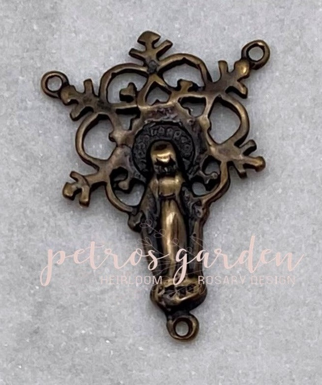 Solid Bronze RADIANT MARY Rosary Center, Catholic Connector, Antique/Vintage Reproduced #PG2110