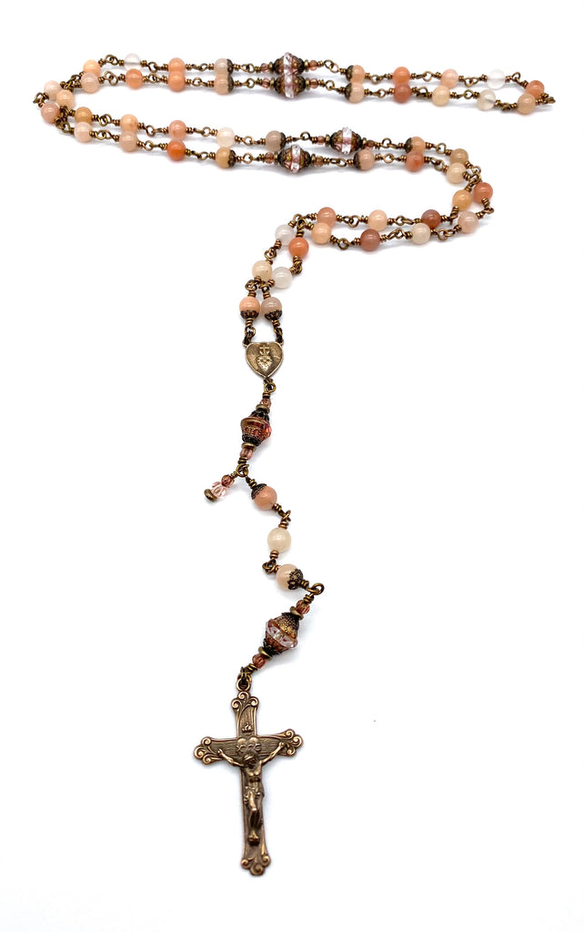 Rose Aventurine Gemstone Wire Wrapped Catholic Heirloom Rosary Medium