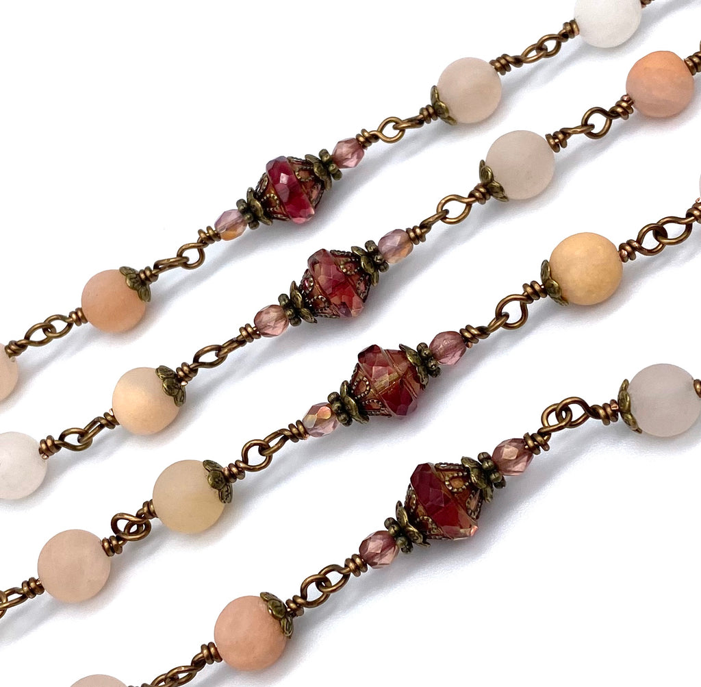handcrafted vintage inspired rose aventurine matte gemstone wire wrapped catholic heirloom rosary large