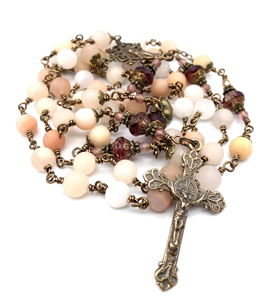 handcrafted vintage inspired rose aventurine matte gemstone wire wrapped catholic heirloom rosary large