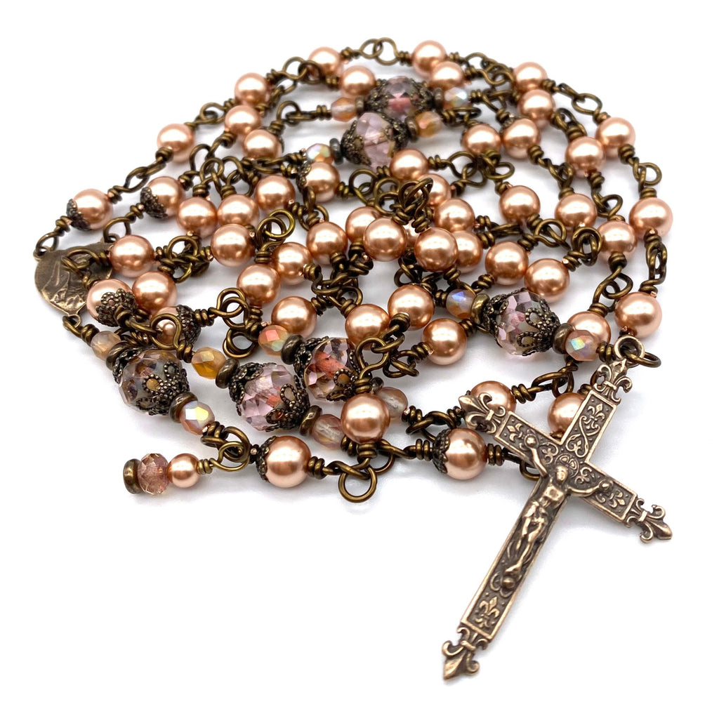 Rose Gold Swarovski Pearl Wire Wrapped Catholic Heirloom Rosary Medium