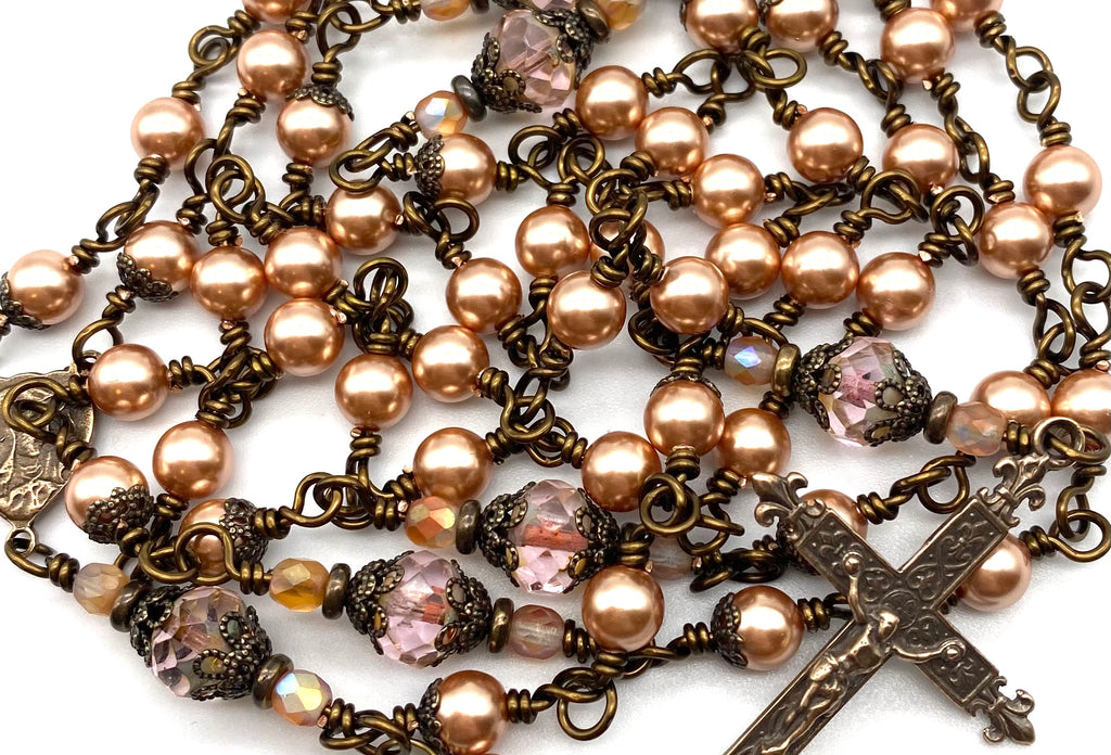 Rose Gold Swarovski Pearl Wire Wrapped Catholic Heirloom Rosary Medium