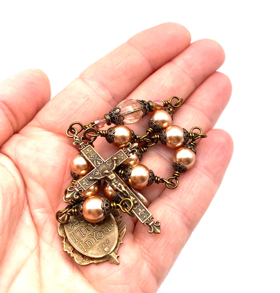 Rose Gold Swarovski Pearl Wire Wrapped Catholic Heirloom Tenner Rosary