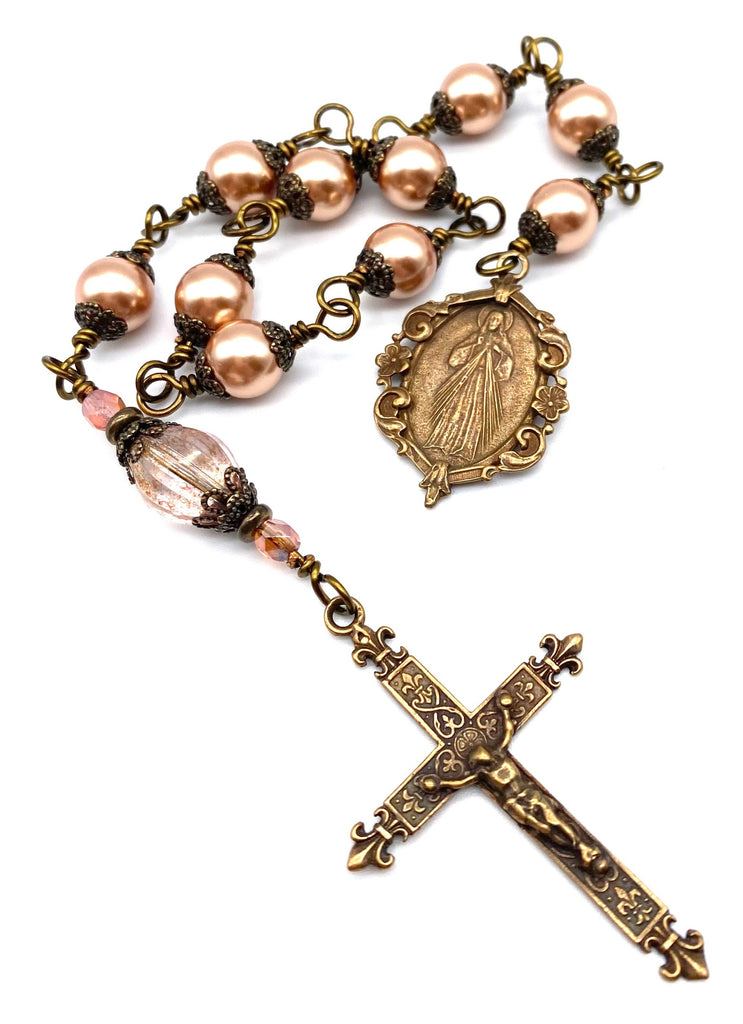 Rose Gold Swarovski Pearl Wire Wrapped Catholic Heirloom Tenner Rosary