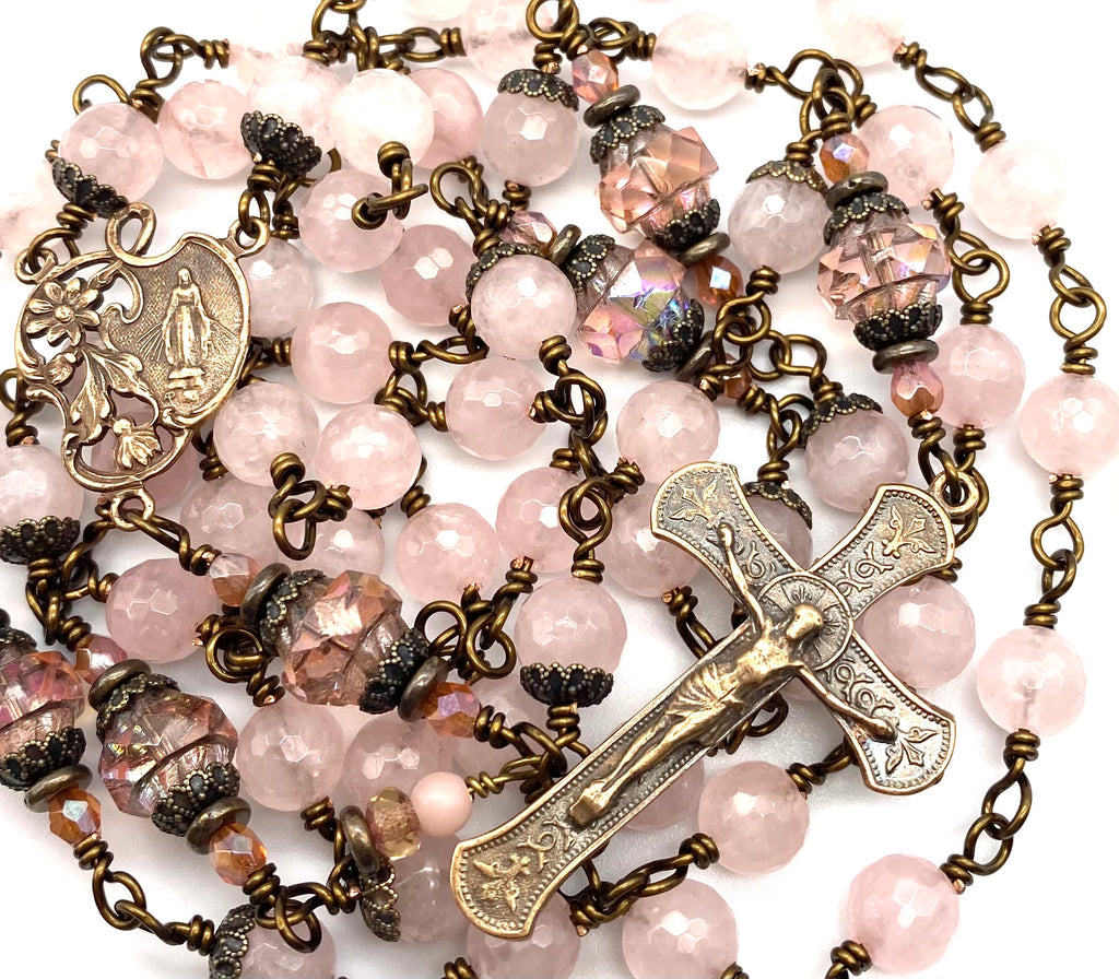 Rose Quartz Faceted Gemstone Wire Wrapped Catholic Heirloom Rosary Large