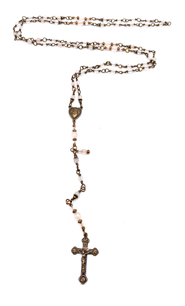 Rose Quartz Matte Gemstone Wire Wrapped Catholic Heirloom Rosary Petite