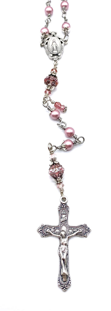 Silver Rose Swarovski Pearl Wire Wrapped Catholic Heirloom Rosary Medium