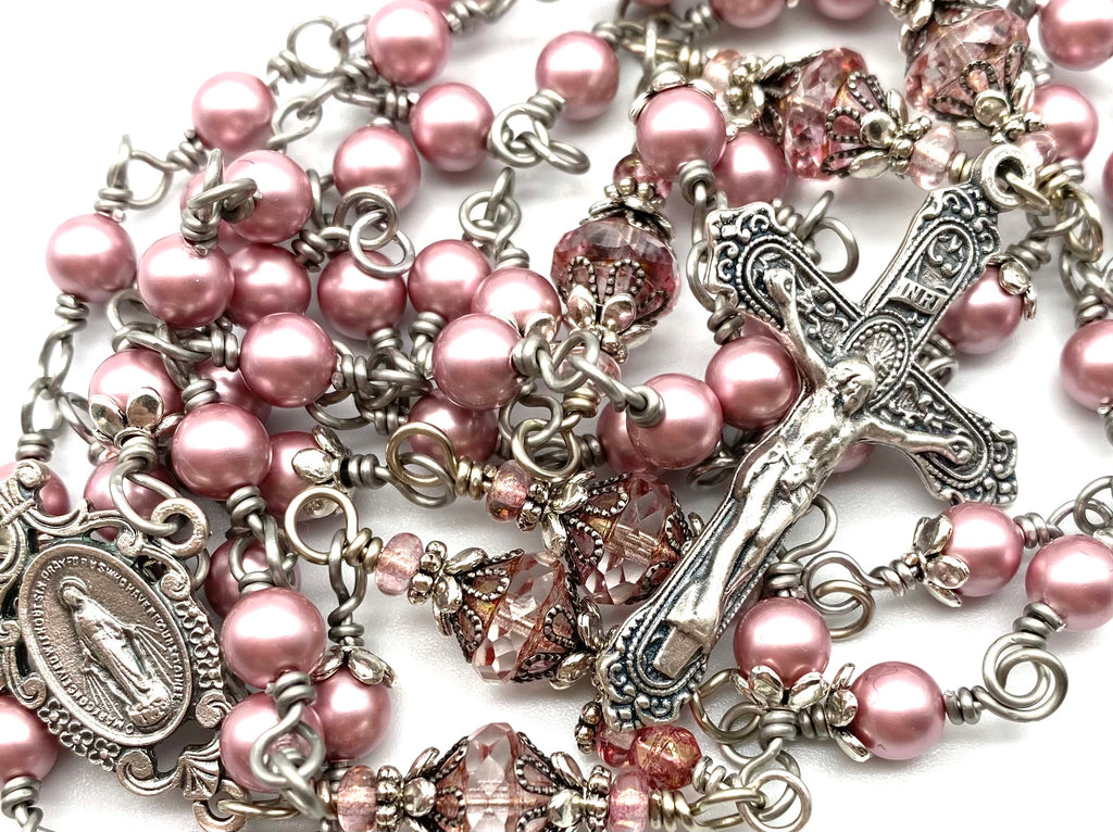 Silver Rose Swarovski Pearl Wire Wrapped Catholic Heirloom Rosary Medium