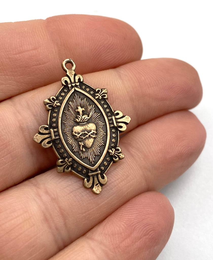 Solid Bronze Sacred Heart Fleur de Lis Catholic Medal, Catholic Pendant, Antique/Vintage Reproduction #PG7101