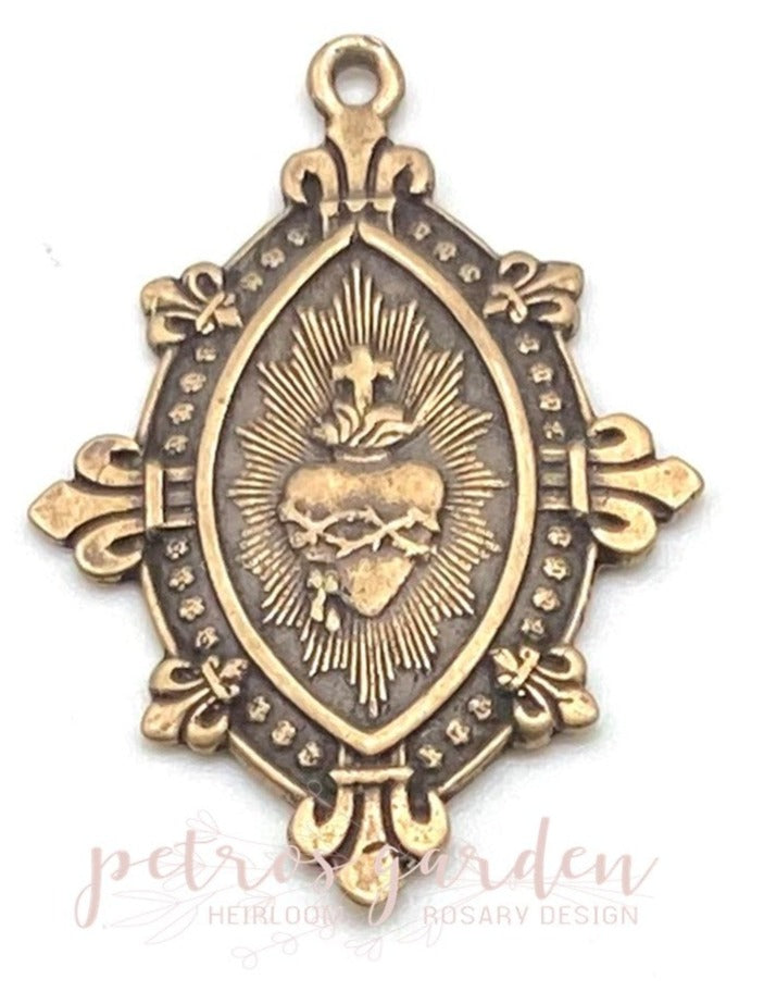 Solid Bronze Sacred Heart Fleur de Lis Catholic Medal, Catholic Pendant, Antique/Vintage Reproduction #PG7101