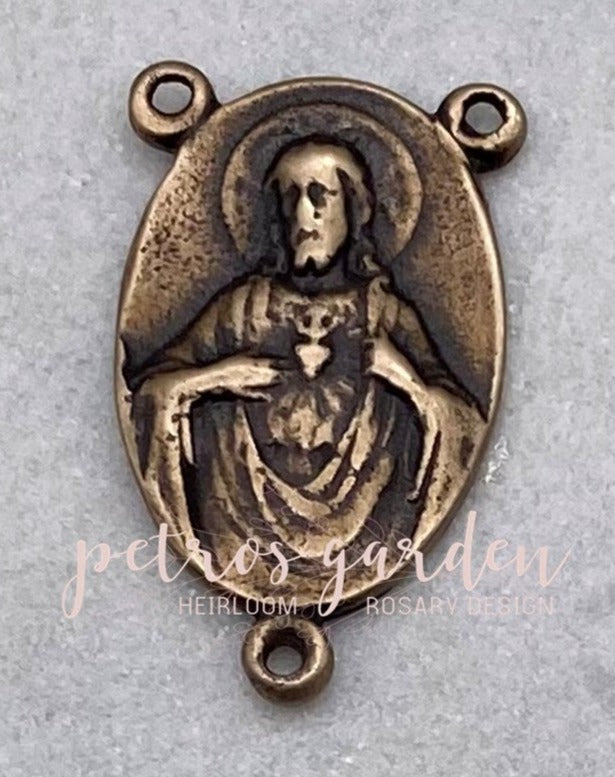 Solid Bronze SACRED HEART of JESUS Rosary Center, Catholic Centerpiece, Antique/Vintage Reproduction #PG1116