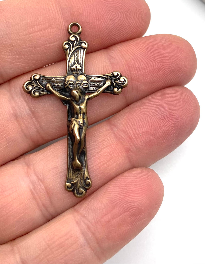Solid Bronze SACRED HEART WITH SCROLLS Rosary Crucifix, Catholic Pendant, Antique/Vintage Reproduction #PG3114