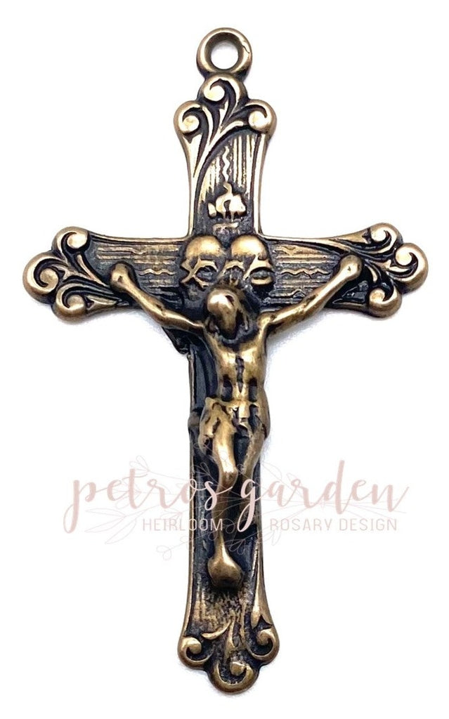 Solid Bronze SACRED HEART WITH SCROLLS Rosary Crucifix, Catholic Pendant, Antique/Vintage Reproduction #PG3114