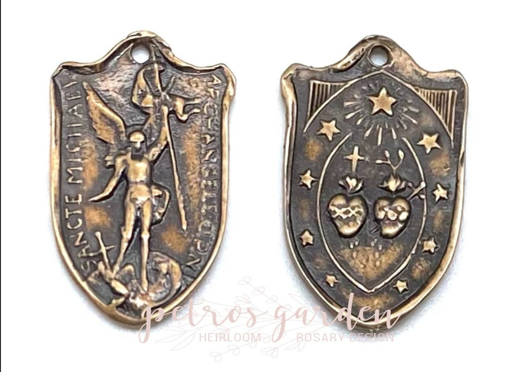 Solid Bronze SAINT MICHAEL Shield Catholic Medal, Catholic Pendant, Antique/Vintage Reproduction #PG7114