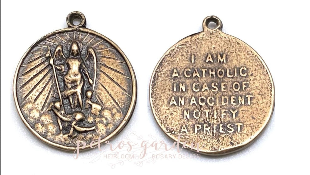 Solid Bronze SAINT MICHAEL with RAYS Catholic Medal, Catholic Pendant, Antique/Vintage #PG7111