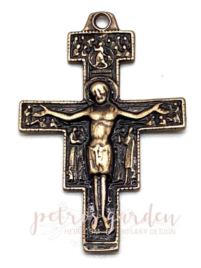 Solid Bronze SAN DAMIANO W/ST. FRANCIS Prayer Rosary Crucifix, Catholic Pendant, Antique/Vintage Reproduction #PG3102