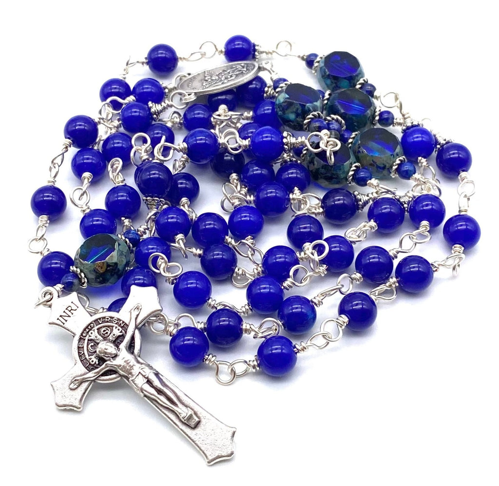 Silver Sapphire Jade Gemstone Wire Wrapped Catholic Heirloom Rosary Large