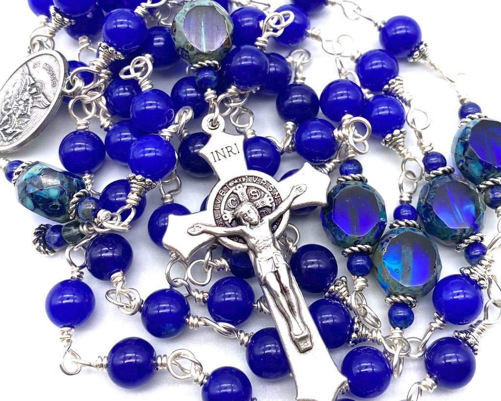 Silver Sapphire Jade Gemstone Wire Wrapped Catholic Heirloom Rosary Large
