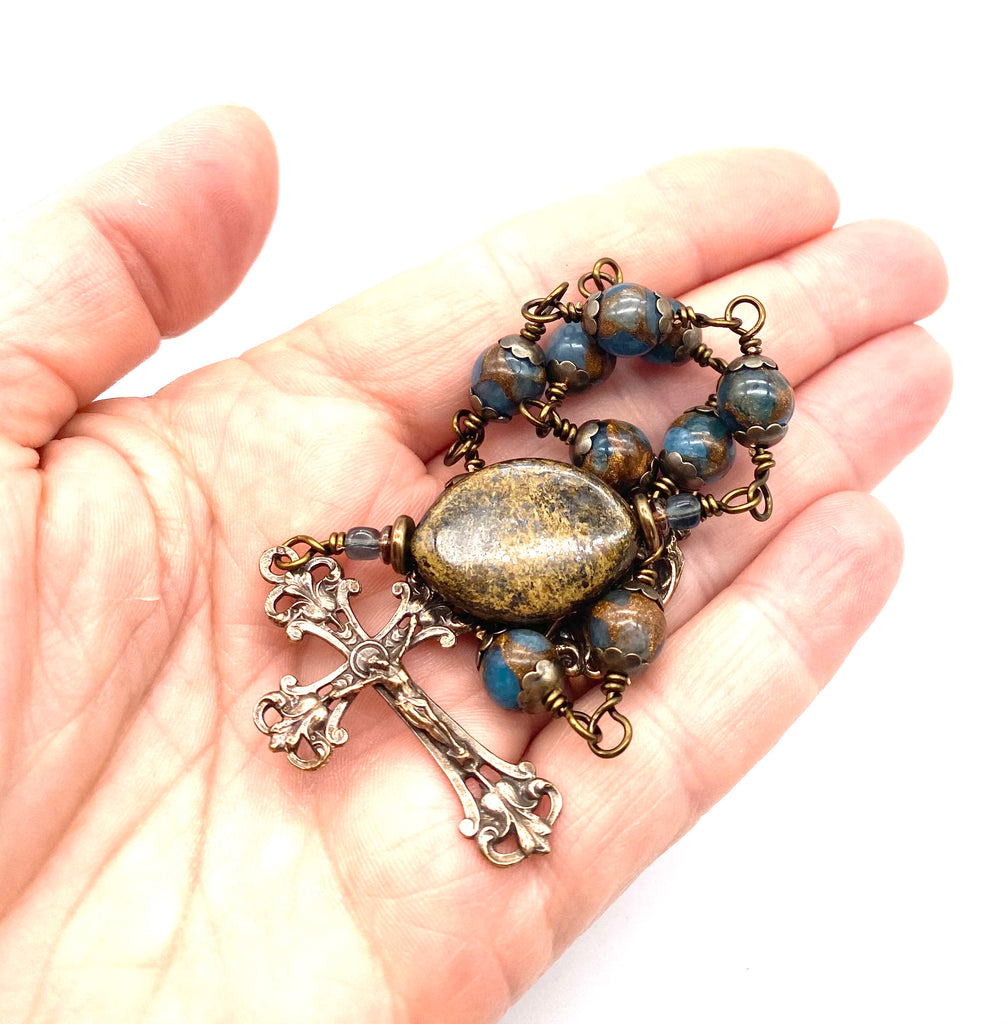 Sea Blue Opal with Bronzite Gemstone Wire Wrapped Catholic Heirloom Tenner Rosary