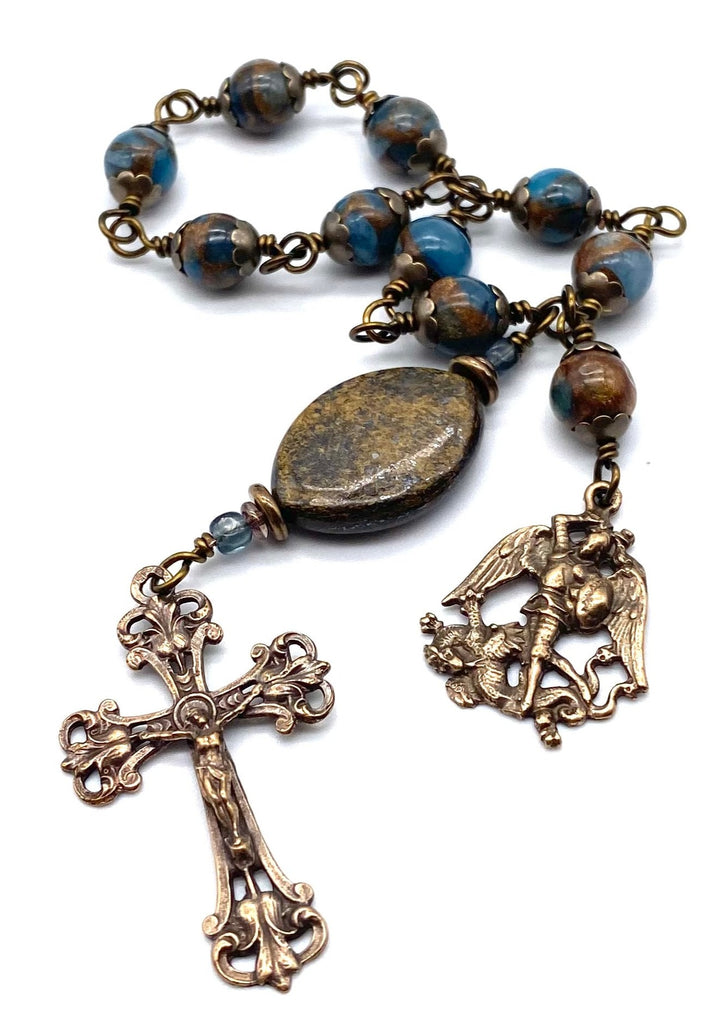 Sea Blue Opal with Bronzite Gemstone Wire Wrapped Catholic Heirloom Tenner Rosary