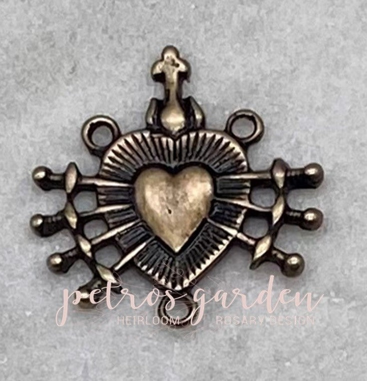 Solid Bronze SEVEN SORROWS Heart Rosary Center, Catholic Connector, Antique/Vintage Reproduction #PG1119