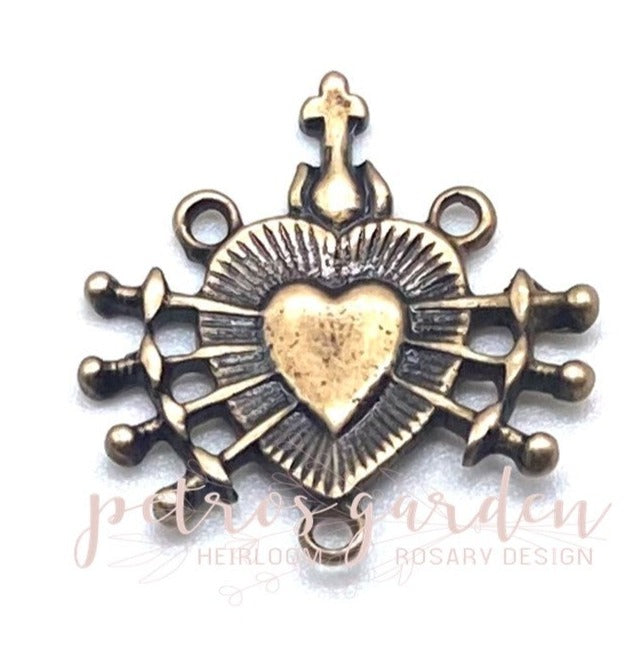 Solid Bronze SEVEN SORROWS Heart Rosary Center, Catholic Connector, Antique/Vintage Reproduction #PG1119