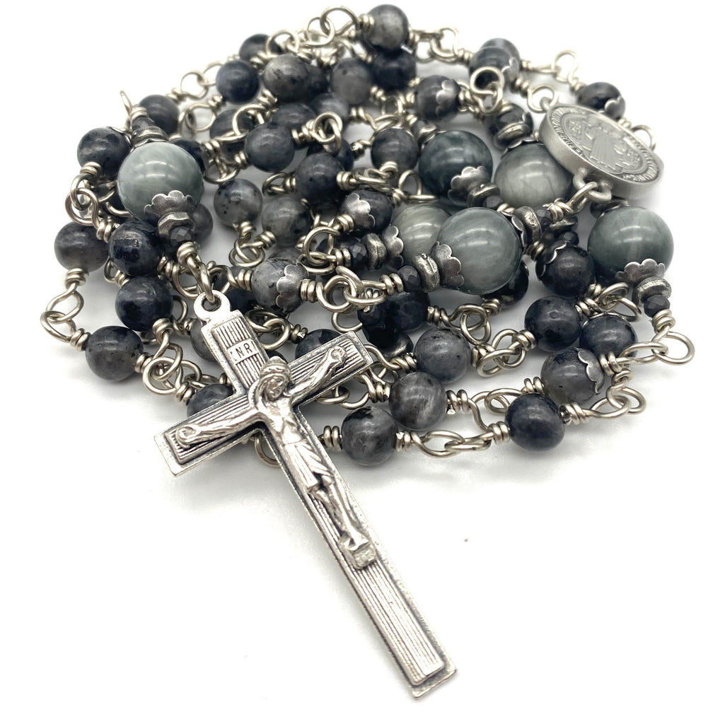 Silver Dark Grey Larvikite Gemstone Catholic Heirloom Rosary Medium