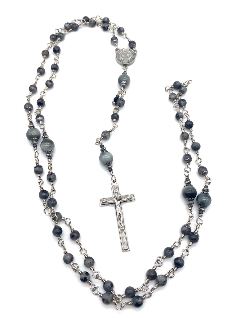 Silver Dark Grey Larvikite Gemstone Catholic Heirloom Rosary Medium