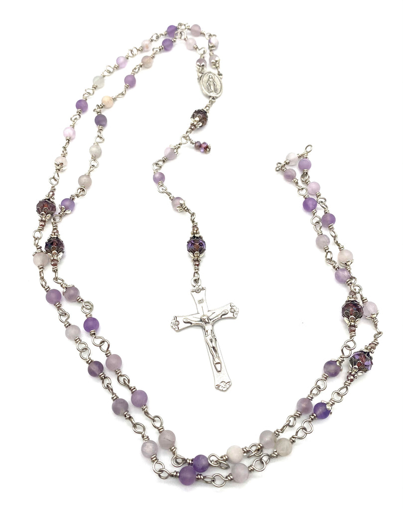 Silver Lavender Amethyst Matte Gemstone Wire Wrapped Catholic Heirloom Rosary Medium