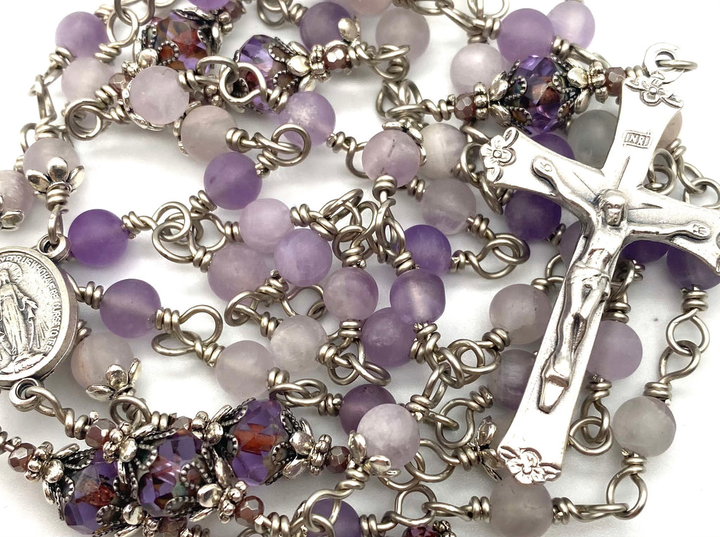 Silver Lavender Amethyst Matte Gemstone Wire Wrapped Catholic Heirloom Rosary Medium