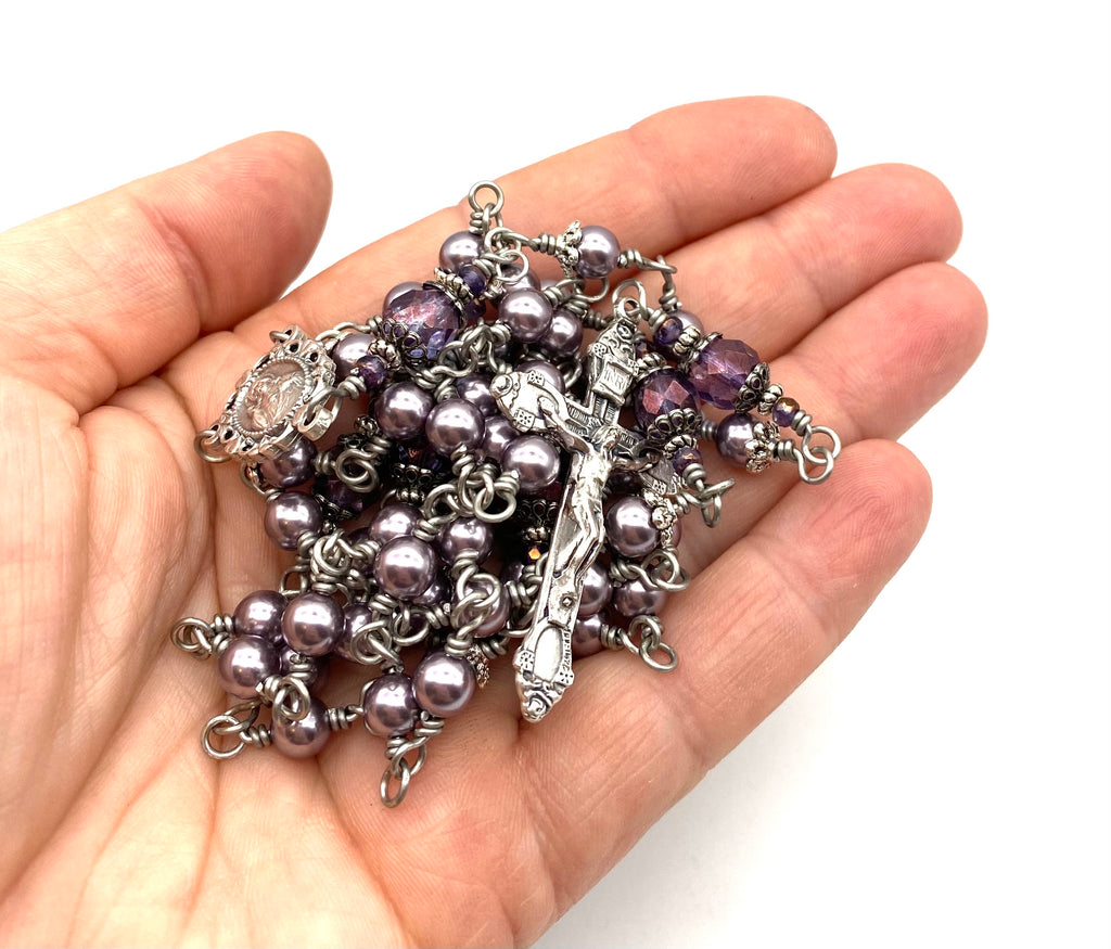 Silver Lavender Swarovski Pearl Catholic Heirloom Rosary Medium