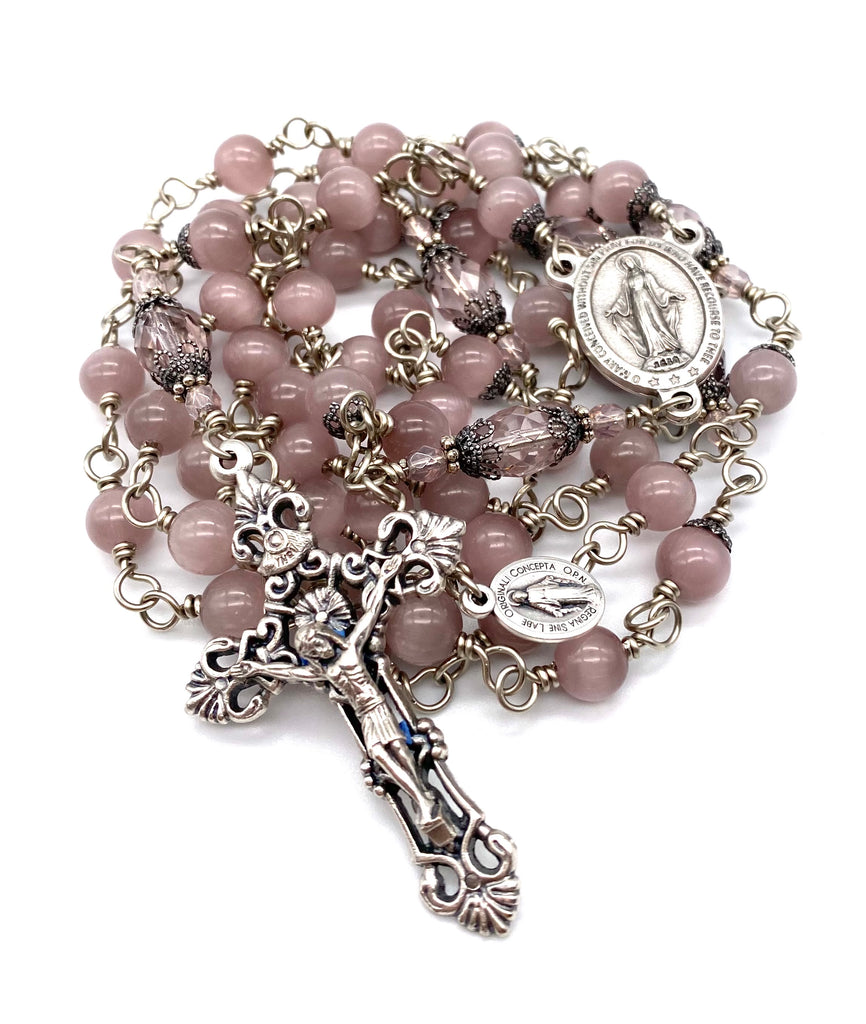 Silver Selenite Lilac Quartz Gemstone Wire Wrapped Catholic Heirloom Rosary Large