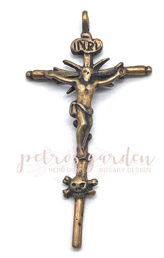 Solid Bronze SKULL AND CROSSBONES Rosary Crucifix, Catholic Pendant, Antique/Vintage Reproduction #PG4104