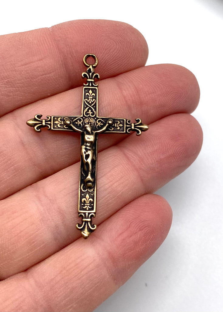 Solid Bronze SLENDER FLEUR DE LIS Rosary Crucifix, Catholic Pendant, Antique/Vintage Reproduction #PG3106