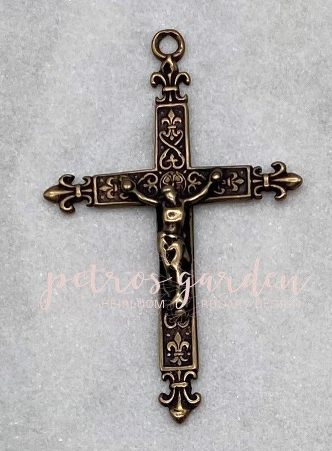 Solid Bronze SLENDER FLEUR DE LIS Rosary Crucifix, Catholic Pendant, Antique/Vintage Reproduction #PG3106