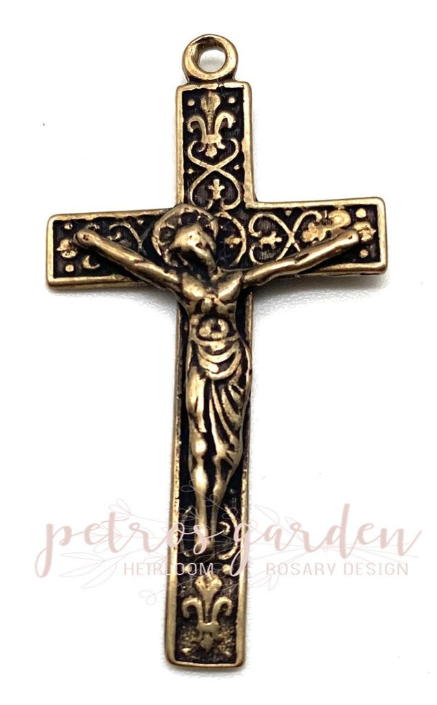 Solid Bronze SQUARED FLEUR DE LIS Catholic Crucifix, Antique/Vintage Reproduction #PG3107