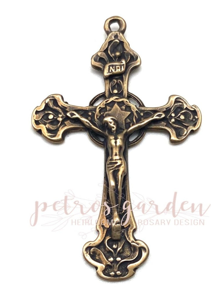 Solid Bronze STAR HALO Rosary Crucifix, Catholic Pendant, Antique/Vintage Reproduction #PG4115