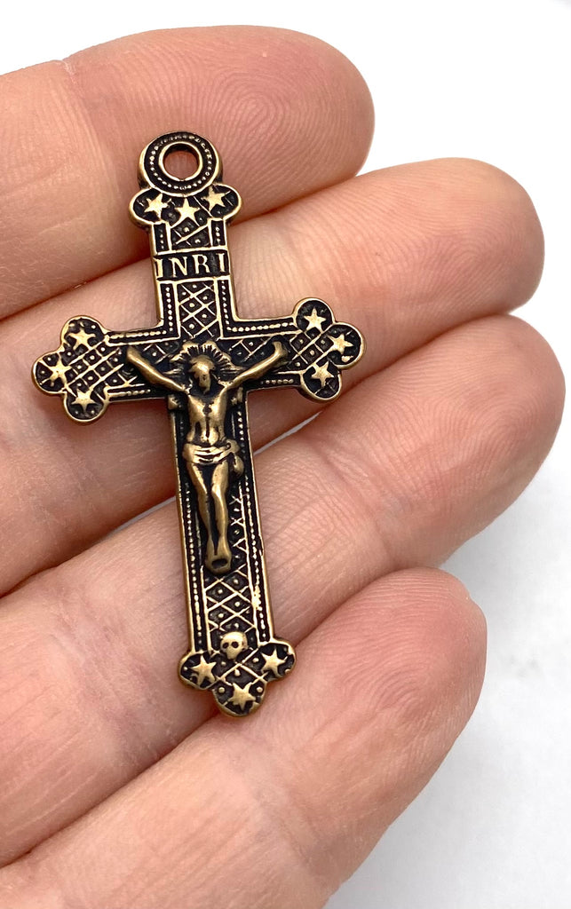 Solid Bronze STARS & SKULL Rosary Crucifix, Catholic Pendant, Antique/Vintage Reproduced #PG3113
