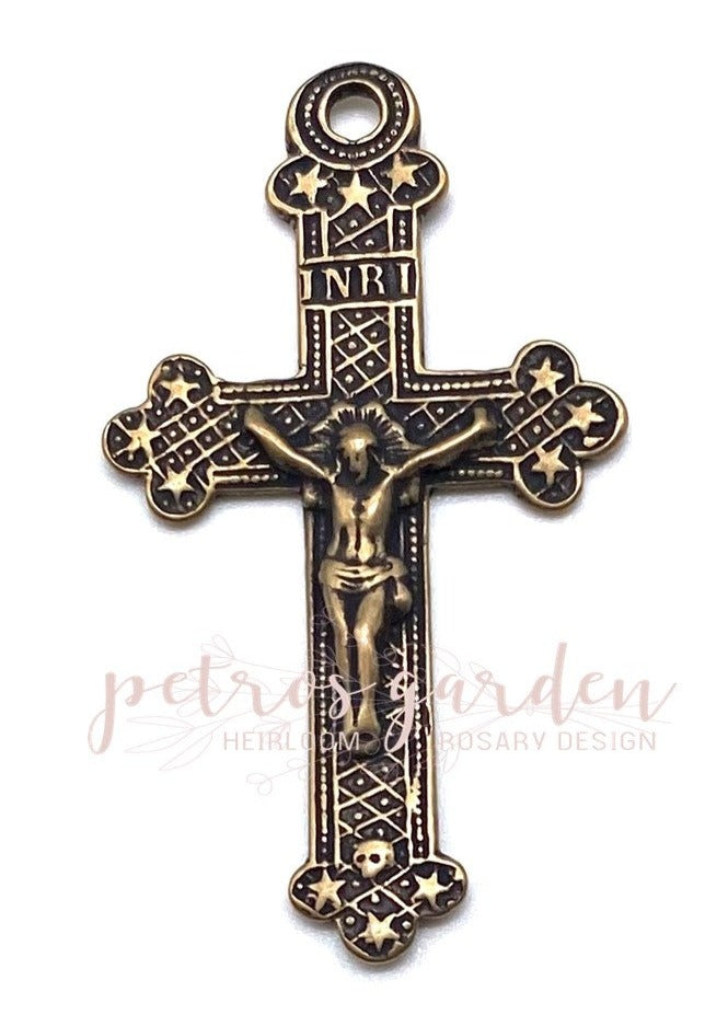 Solid Bronze STARS & SKULL Rosary Crucifix, Catholic Pendant, Antique/Vintage Reproduced #PG3113