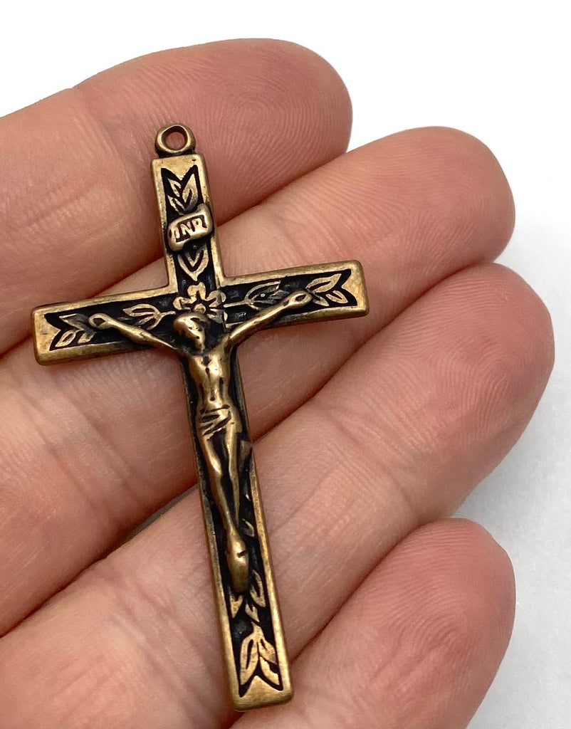 Solid Bronze LEAVES STRAIGHT EDGE Rosary Crucifix, Catholic Pendant, Antique/Vintage Reproduction #PG4114