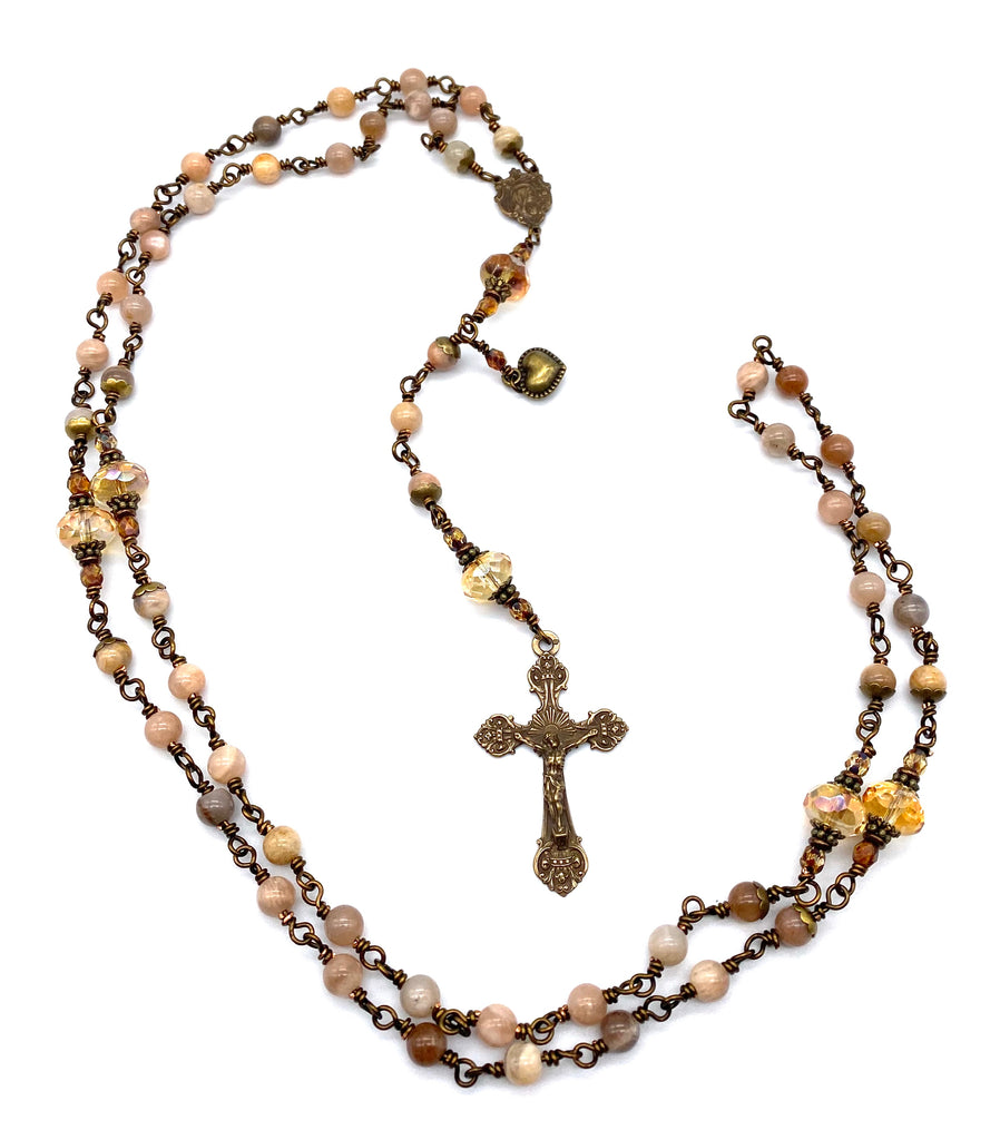 handcrafted vintage inspired sunstone gemstone wire wrapped catholic heirloom rosary medium 